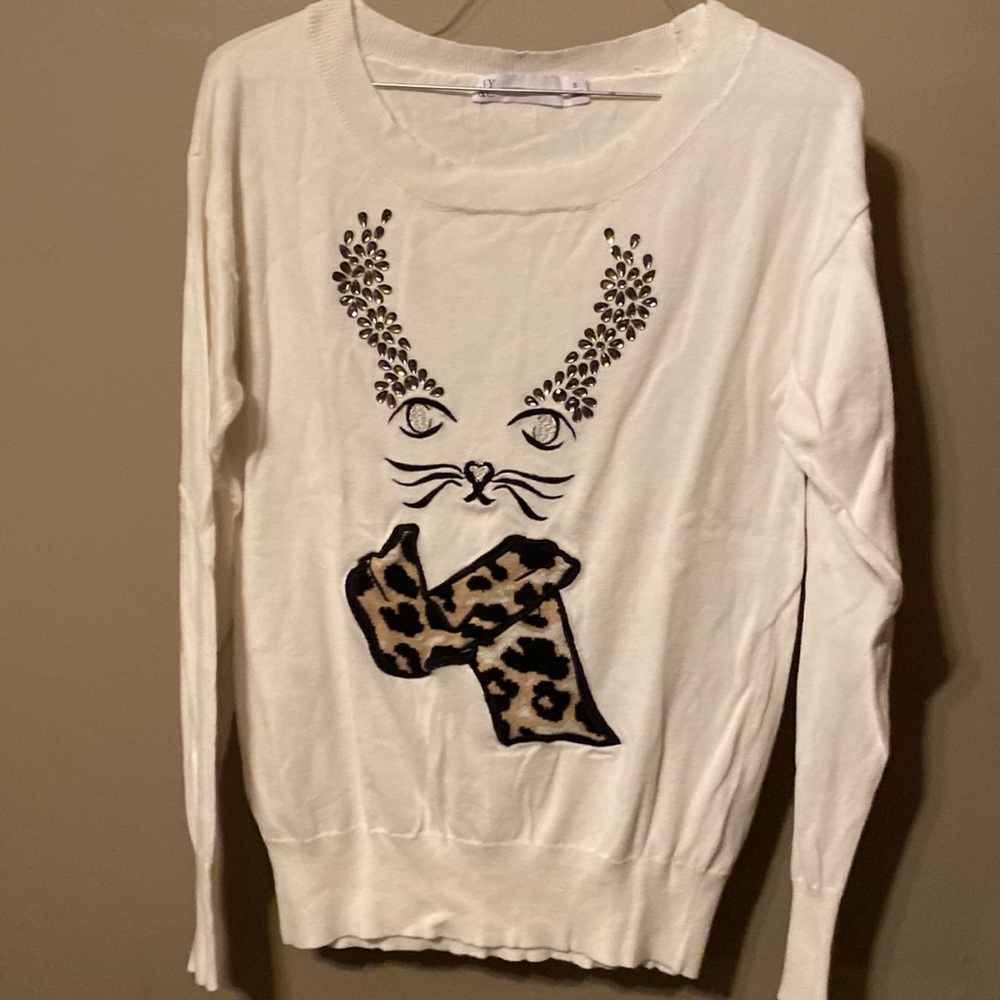 Womens cat print leopard jeweled sweater vintage